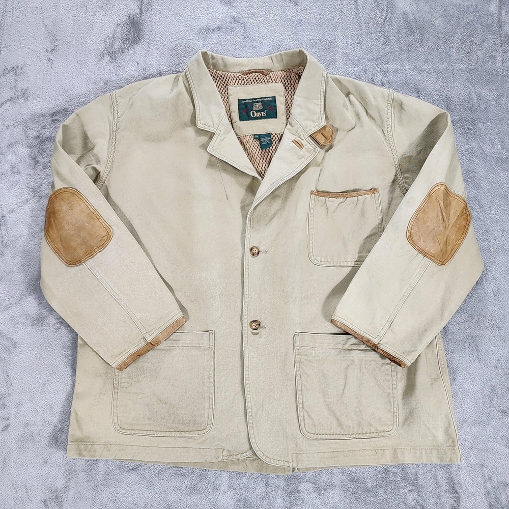 Vintage‎ Orvis Jacket Mens XL Beige Canvas Hunting Field Coat Elbow Patches